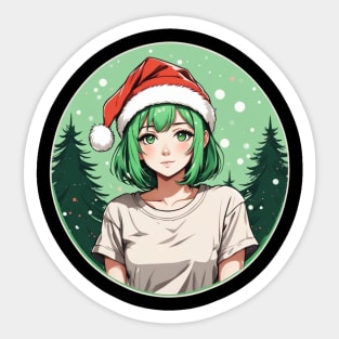green haired anime girl in christmas Sticker